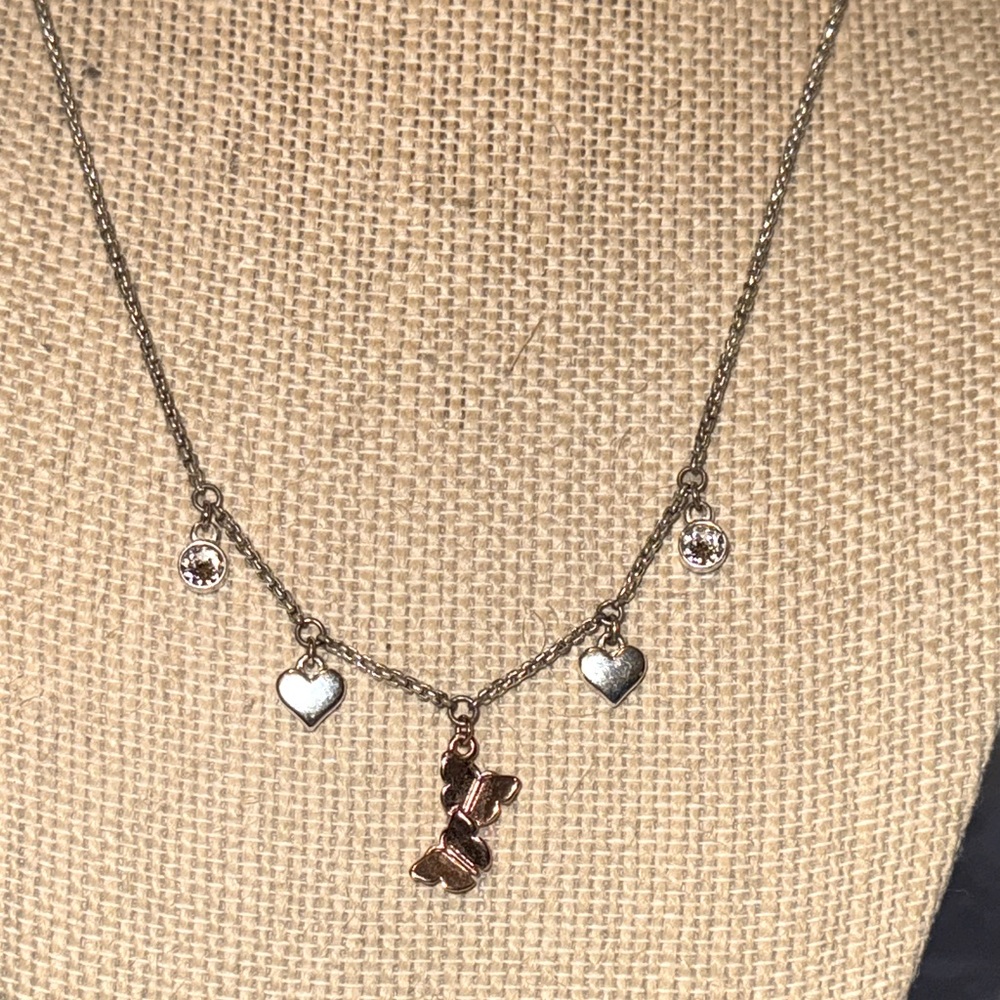 LA CN Butterfly & Heart Charm Sterling  Silver Necklace